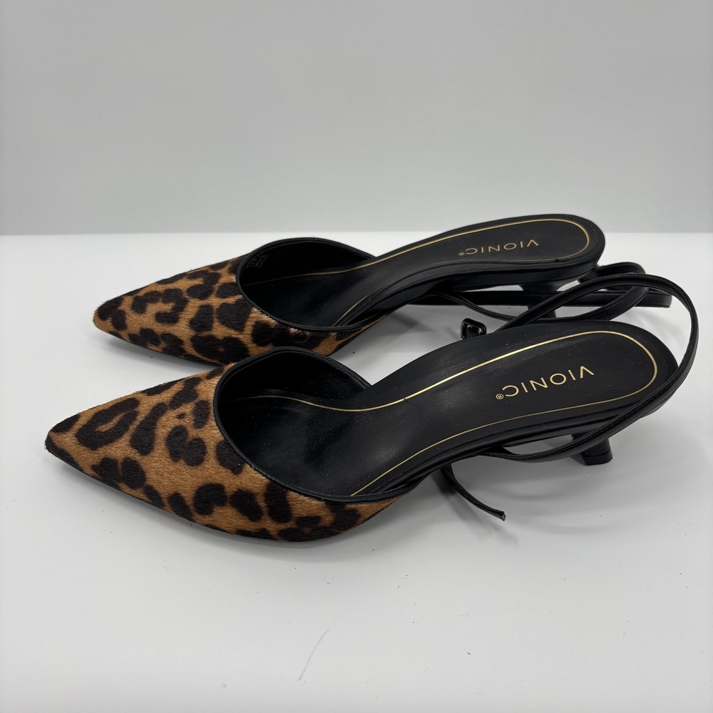 Vionic Leopard Calf Hair Pointed Toe Slingback Ankle Strap Kitten Heels Womens 9 - Picture 4 of 7